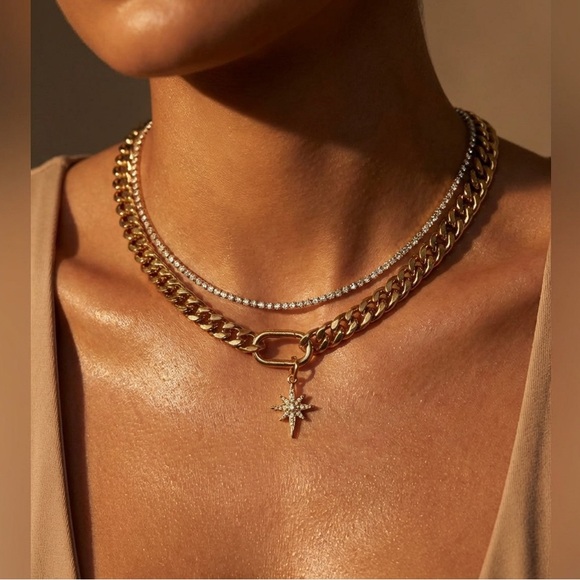 NEW 18K GOLD PLATED LUX SET “STELLAR CHAIN DUO” – TENNIS + CUBAN WITH STAR CHARM - Picture 1 of 5